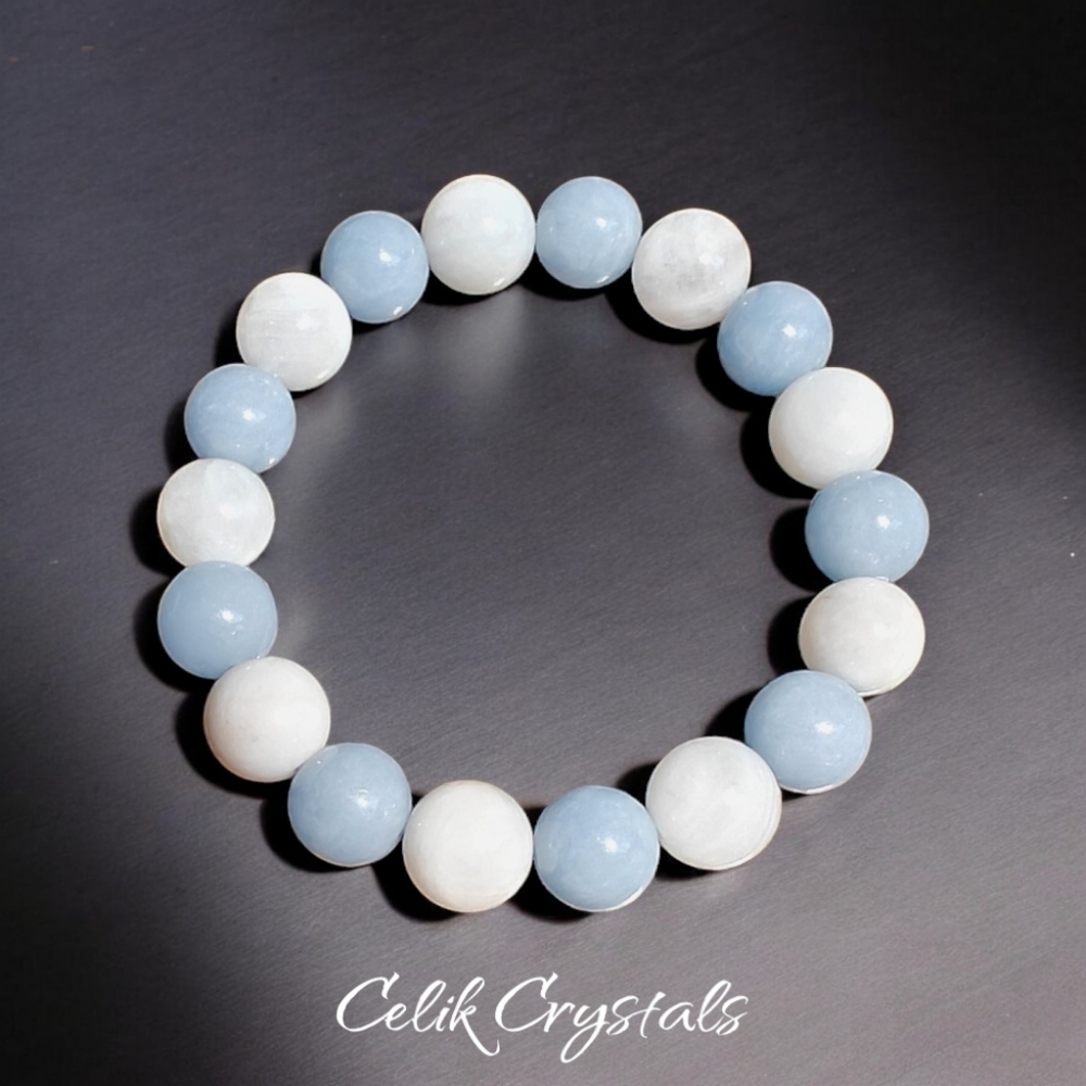 Angelite and Moonstone Healing Bracelet 10mm Natural Stones Stretches - Picture 6 of 7